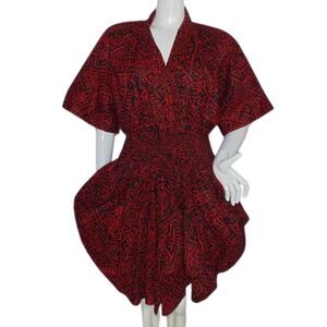 Avant Garde Dress, L, Red/Black Print, Poofy Skirt, Smocked waist, Short sleeve